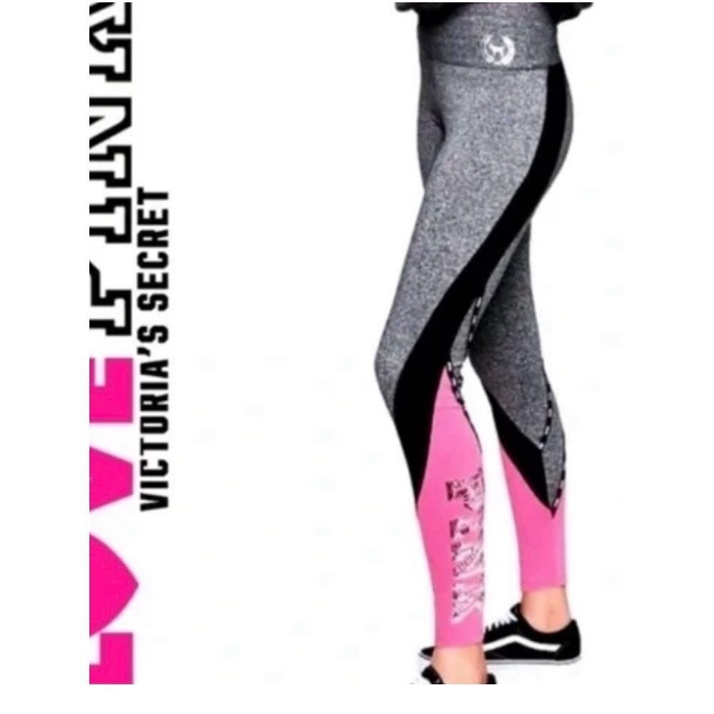 PINK Victoria's Secret Neon pink and Gray COLORBLOCK bling Yoga Leggings S
